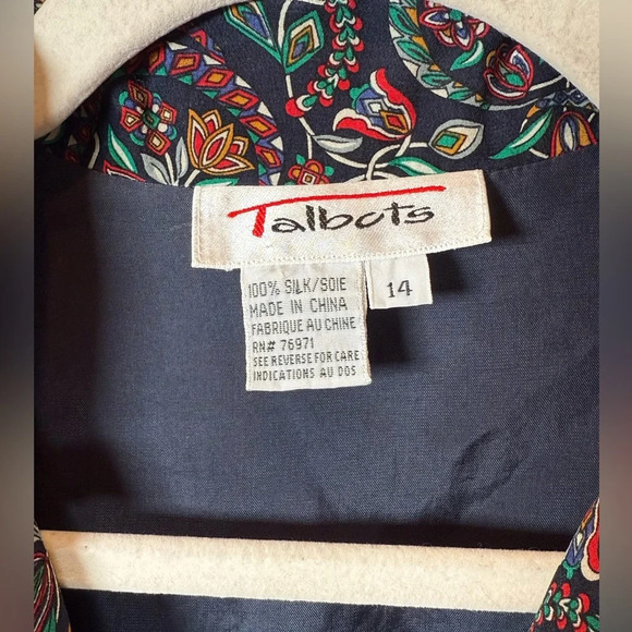 Vintage Talbots Shirt Dress 100% Silk Navy Green Floral Pattern Women’s Size 14 - Picture 4 of 10